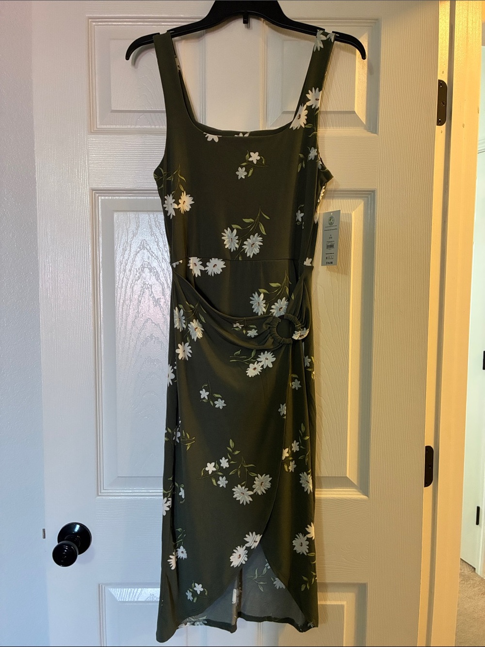 Olive Green Floral Midi Dress with Draped Side Detail